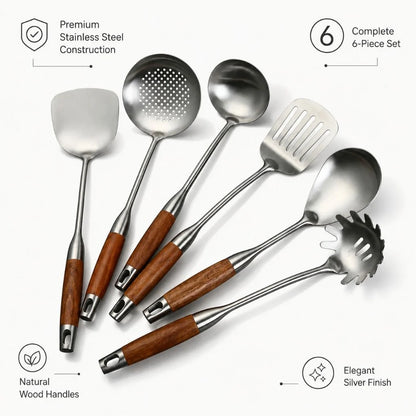 Elara Haus Kitchen Utensil Set - Stainless Steel with Wooden Handles 4