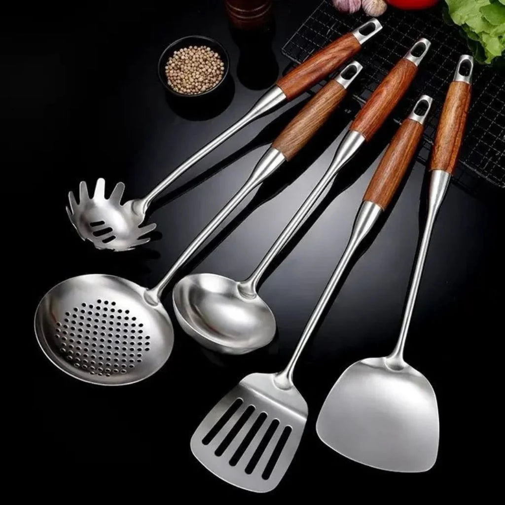Elara Haus Kitchen Utensil Set - Stainless Steel with Wooden Handles 5