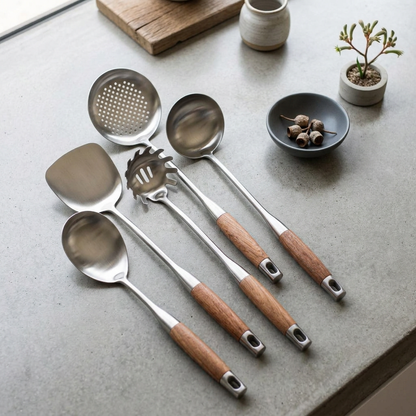 Stainless Steel Kitchen Utensil Set with Wood Handles