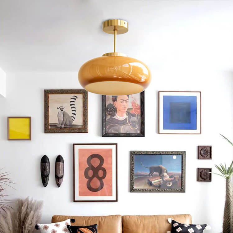 Vintage Brass & Yellow Glass Ceiling Light