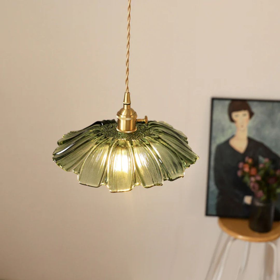 Vintage Style Ribbed Glass Flower Pendant Lamp