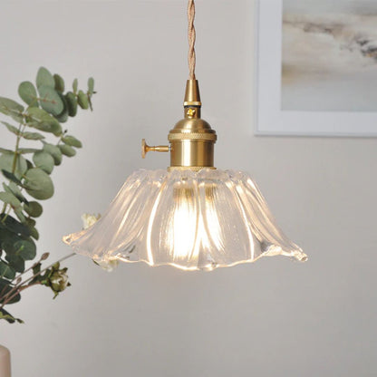 Vintage Style Ribbed Glass Flower Pendant Lamp