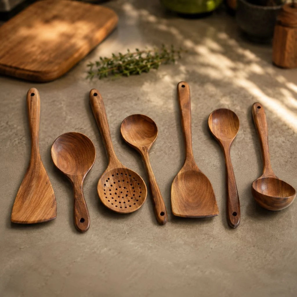 Elara Haus Teak Wooden Kitchen Utensils Set - Handcrafted Durable Cooking Tools 7