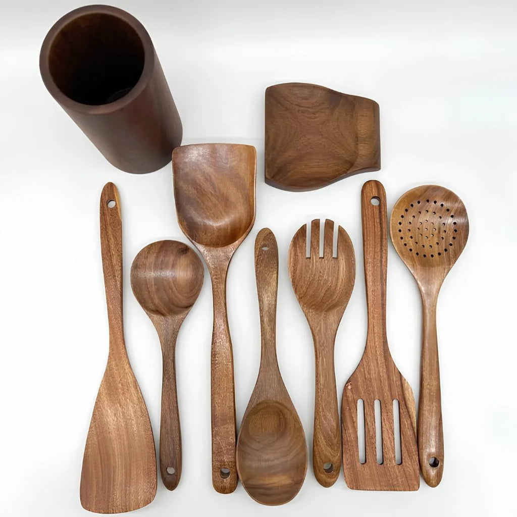 Elara Haus Teak Wooden Kitchen Utensils Set - Handcrafted Durable Cooking Tools 8