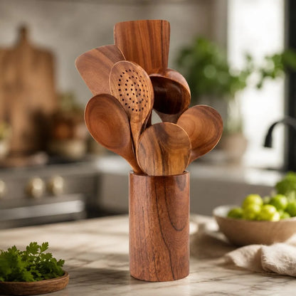 Elara Haus Teak Wooden Kitchen Utensils Set - Handcrafted Durable Cooking Tools 9