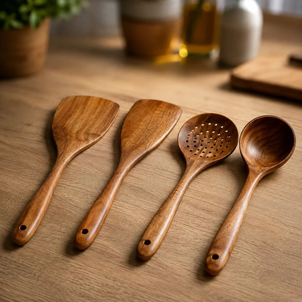 Elara Haus Teak Wooden Kitchen Utensils Set - Handcrafted Durable Cooking Tools 0