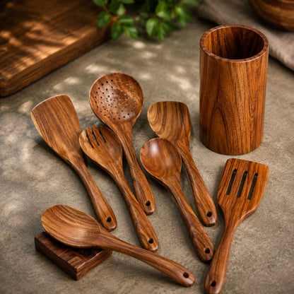 Elara Haus Teak Wooden Kitchen Utensils Set - Handcrafted Durable Cooking Tools 1