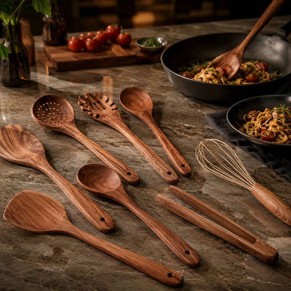Elara Haus Teak Wooden Kitchen Utensils Set - Handcrafted Durable Cooking Tools 2
