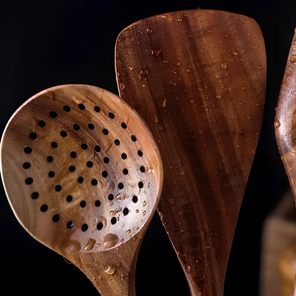 Elara Haus Teak Wooden Kitchen Utensils Set - Handcrafted Durable Cooking Tools 4