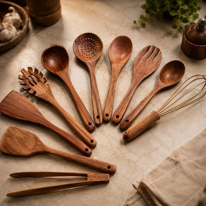 Elara Haus Teak Wooden Kitchen Utensils Set - Handcrafted Durable Cooking Tools 5