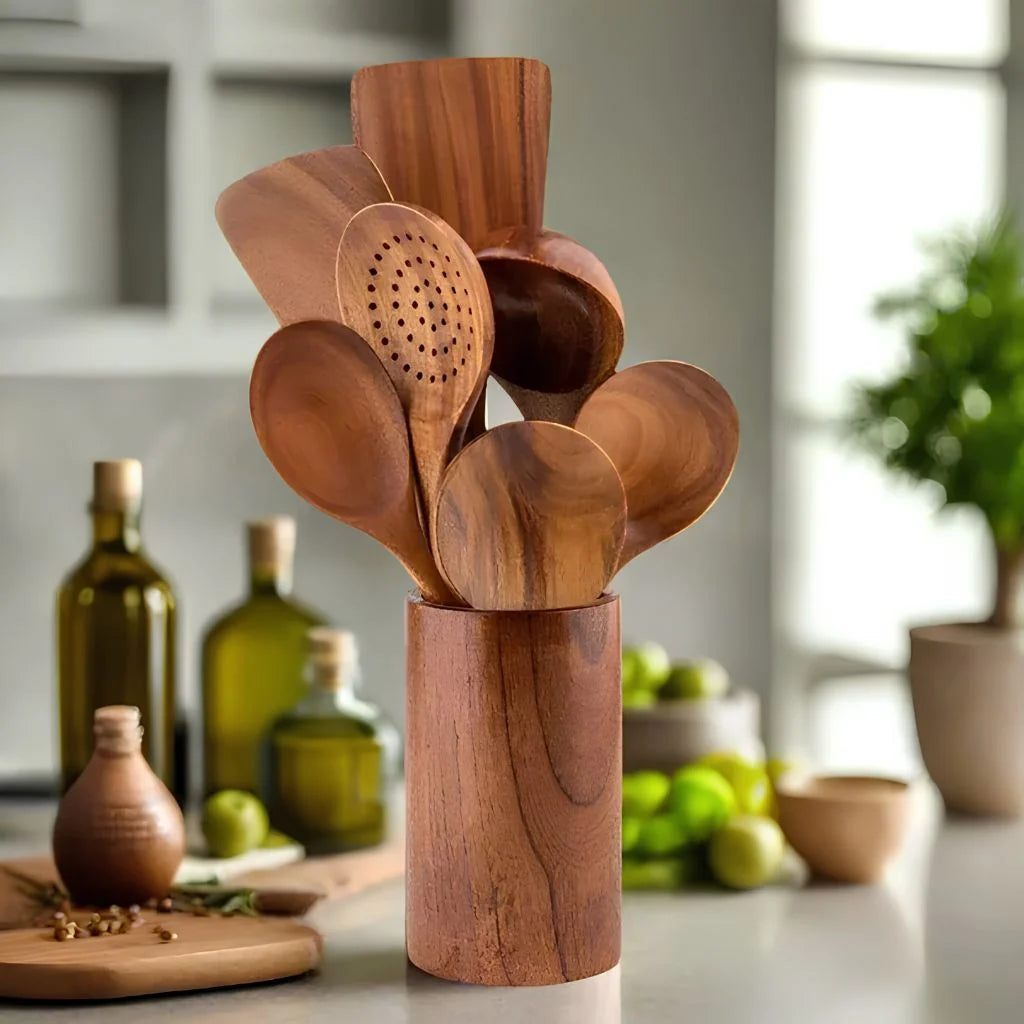 Elara Haus Teak Wooden Kitchen Utensils Set - Handcrafted Durable Cooking Tools 6